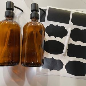 2 Glass Amber Soap/Lotion Dispensers with labels